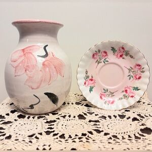 Vintage Floral Decor | Ceramic Vase, Porcelain Saucer & Doily